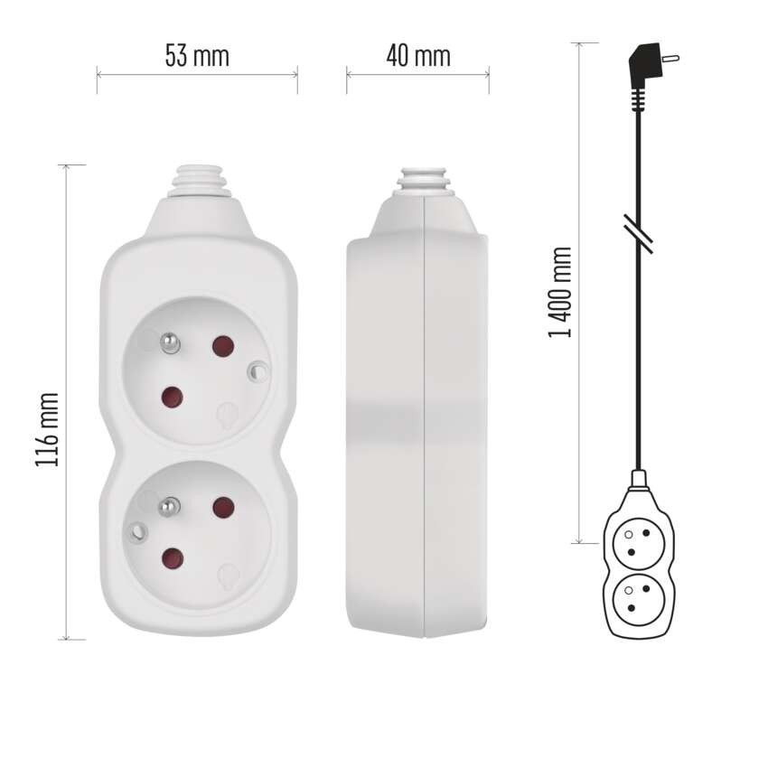 Przedłużacz 1,4 m / 2 gniazda / biały / PVC / 1 mm2