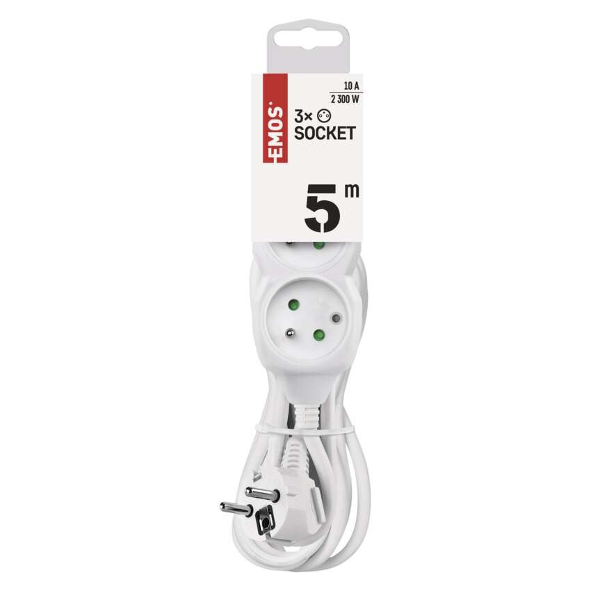 Predlžovací kábel 5 m / 3 zásuvky / biely / PVC / 1 mm2