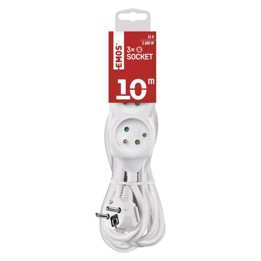 Predlžovací kábel 10 m / 3 zásuvky / biely / PVC / 1,5 mm2
