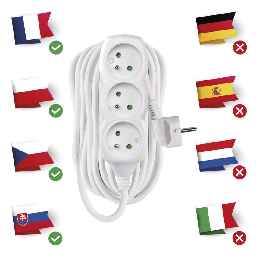 Predlžovací kábel 10 m / 3 zásuvky / biely / PVC / 1,5 mm2