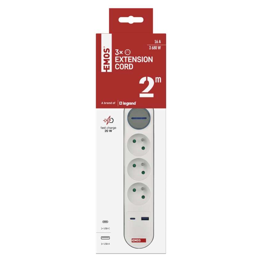 Prodlužovací kabel 2 m / 3 zásuvky / s vypínačem / bílo-šedý / 1×USB-A + 1×USB-C / 1,5 mm2