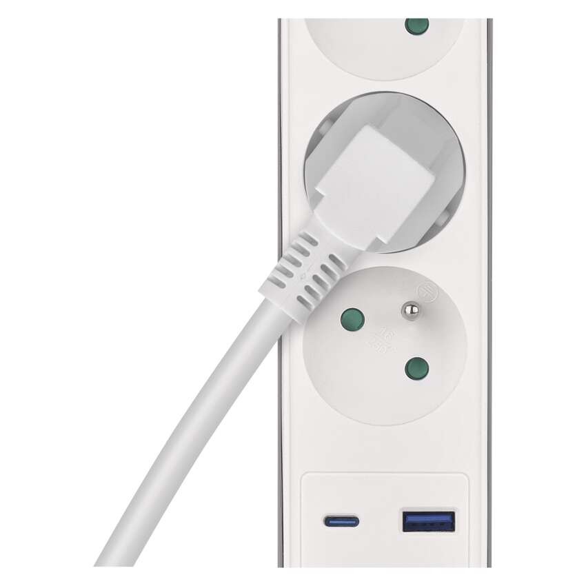 Prodlužovací kabel 2 m / 3 zásuvky / s vypínačem / bílo-šedý / 1×USB-A + 1×USB-C / 1,5 mm2