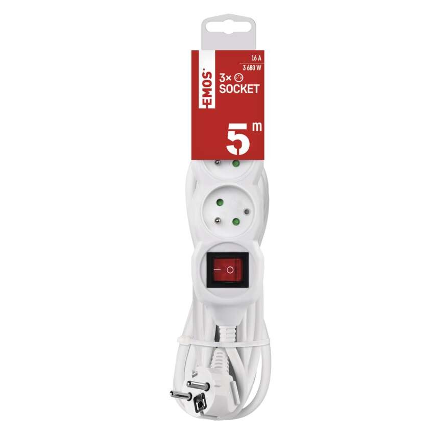 Predlžovací kábel 5 m / 3 zásuvky / s vypínačom / biely / PVC / 1,5 mm2