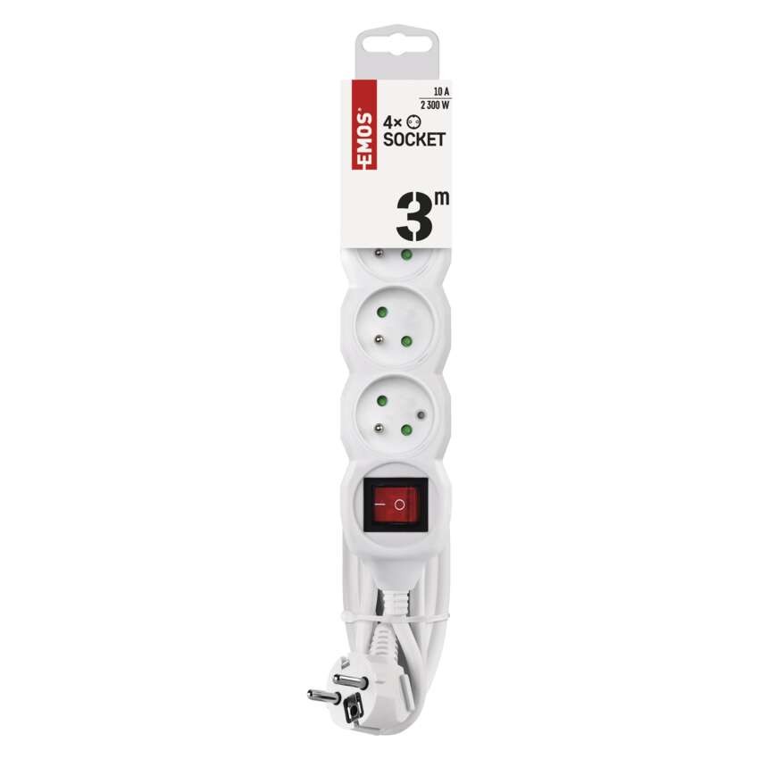 Predlžovací kábel 3 m / 4 zásuvky / s vypínačom / biely / PVC / 1 mm2