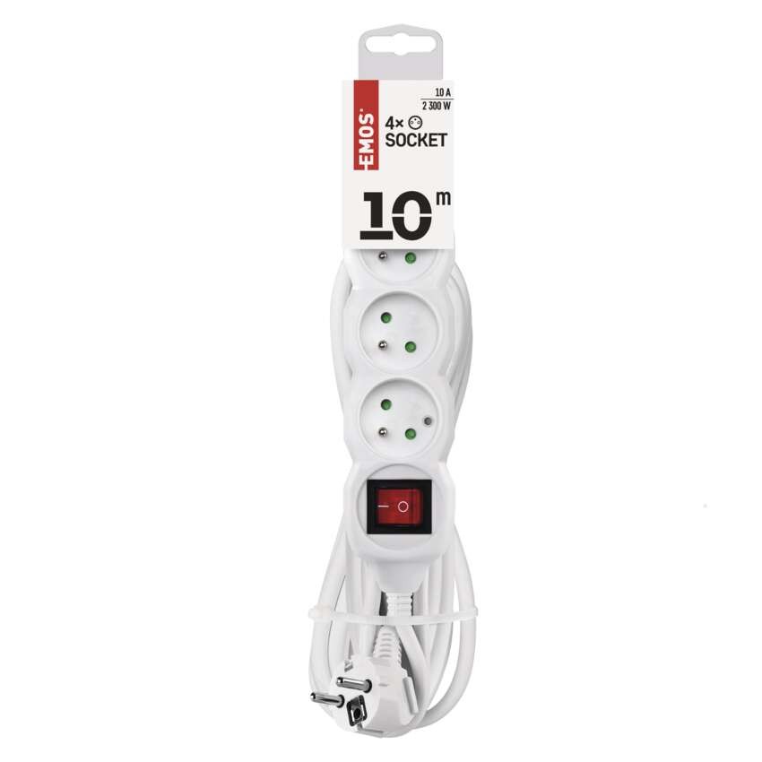Predlžovací kábel 10 m / 4 zásuvky / s vypínačom / biely / PVC / 1 mm2