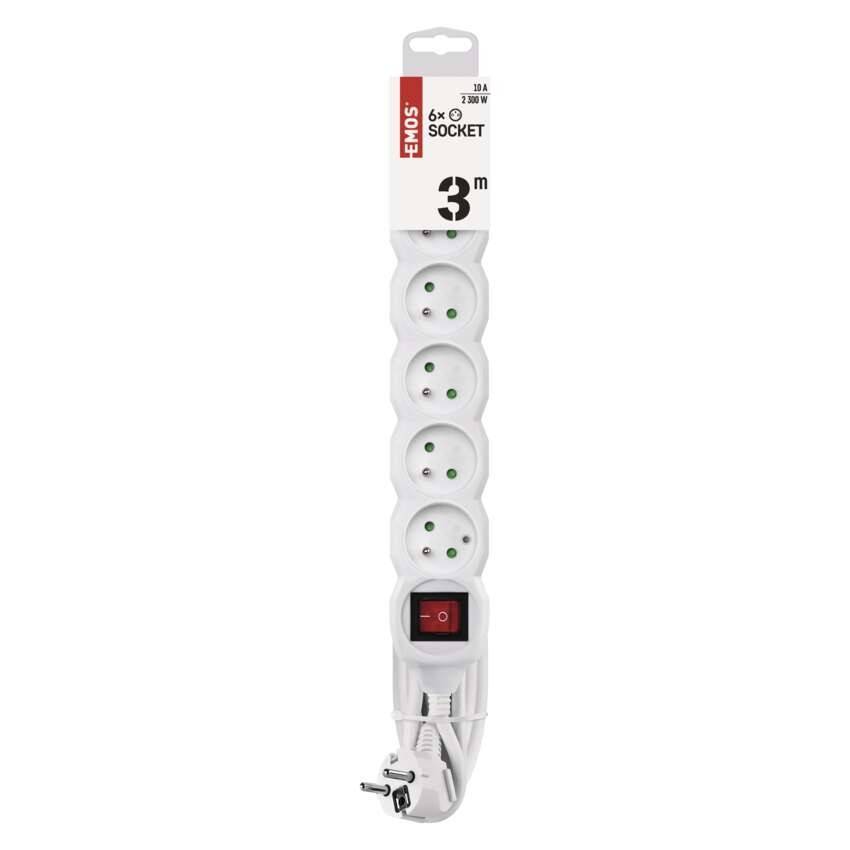 Predlžovací kábel 3 m / 6 zásuviek / s vypínačom / biely / PVC / 1 mm2