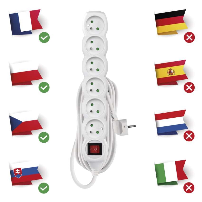 Predlžovací kábel 5 m / 6 zásuviek / s vypínačom / biely / PVC / 1 mm2