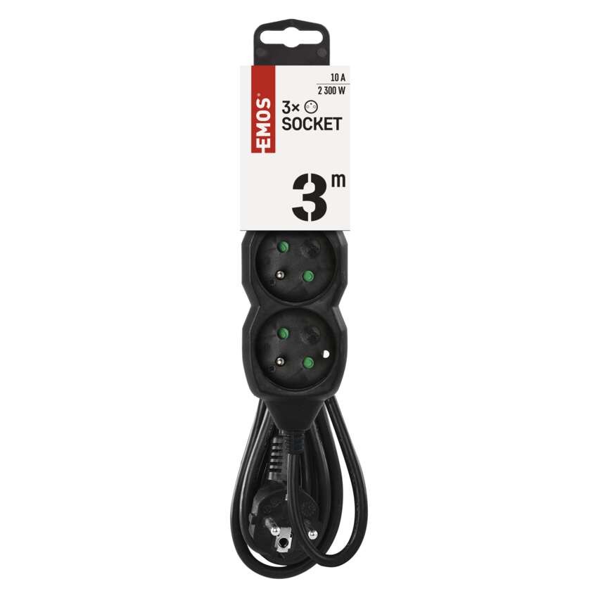 Predlžovací kábel 3 m / 3 zásuvky / čierny / PVC / 1 mm2