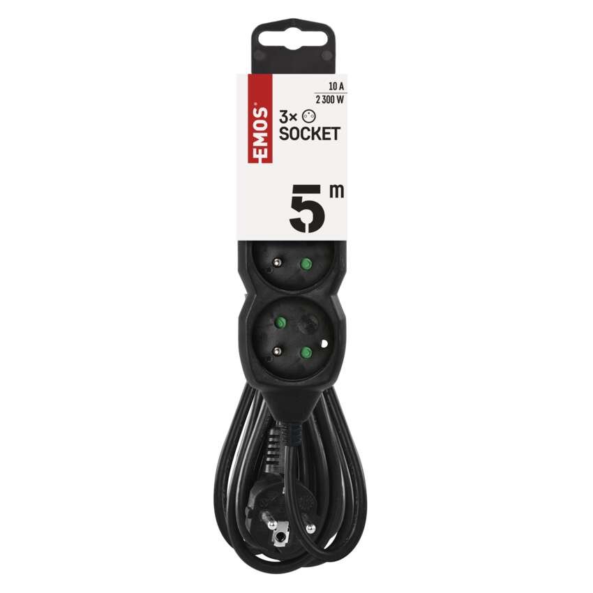 Predlžovací kábel 5 m / 3 zásuvky / čierny / PVC / 1 mm2