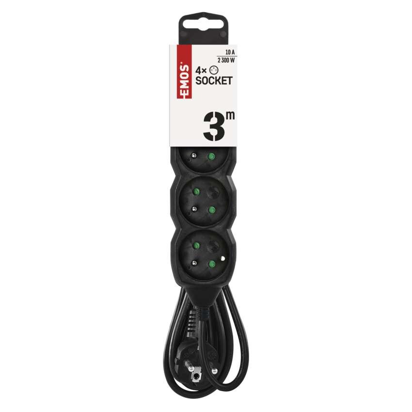 Prodlužovací kabel 3 m / 4 zásuvky / černý / PVC / 1 mm2