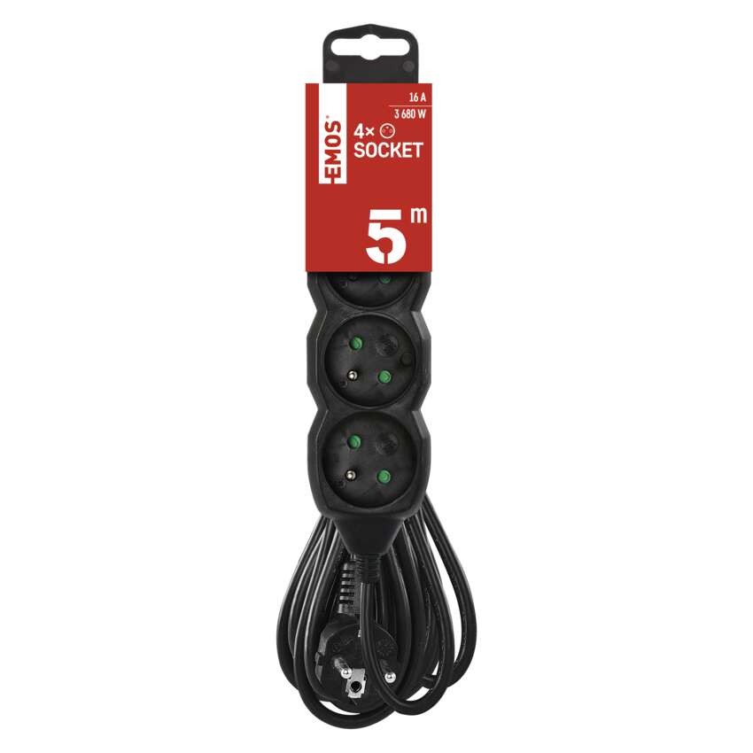 Predlžovací kábel 5 m / 4 zásuvky / čierny / PVC / 1,5 mm2