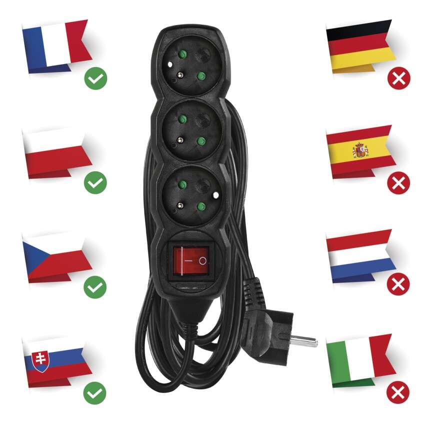Predlžovací kábel 5 m / 3 zásuvky / s vypínačom / čierny / PVC / 1,5 mm2