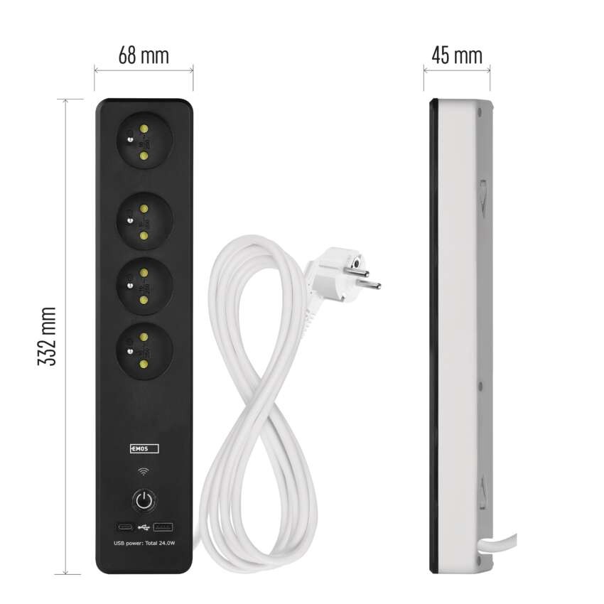 GoSmart predlžovací kábel 2 m / 4 zásuvky / s vyp. / s USB / biely-čierny / PVC / 1,5 mm2
