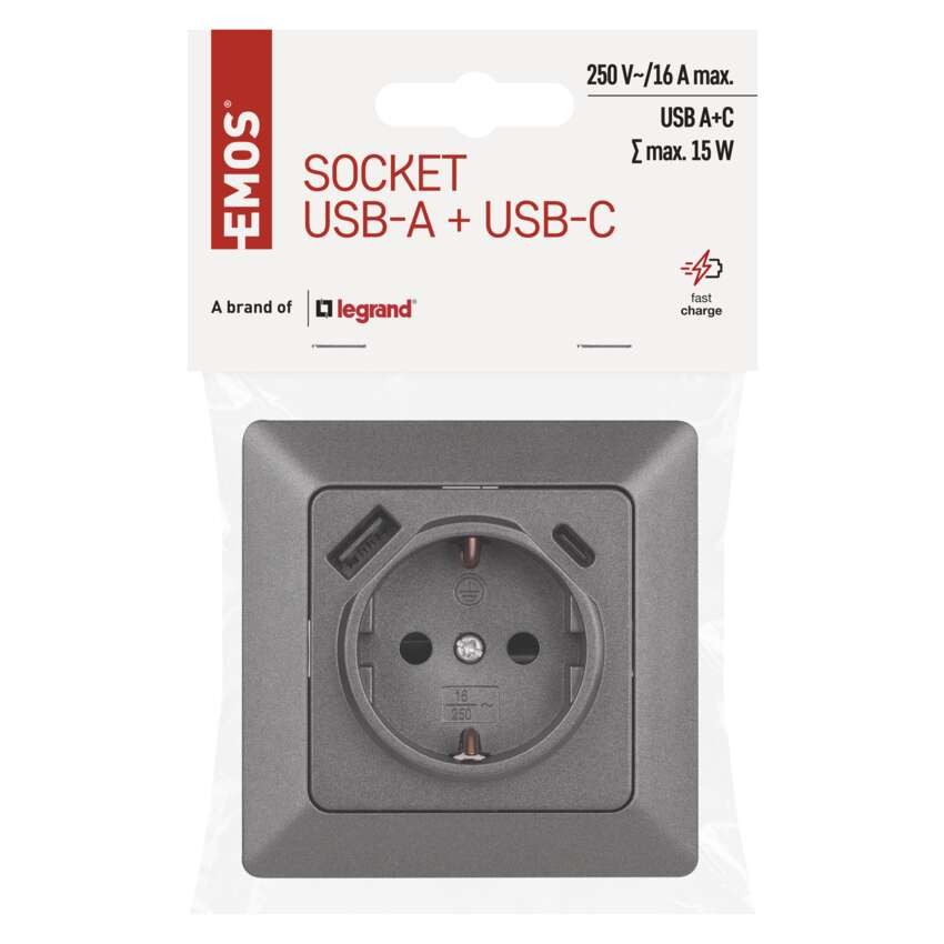 Lizdas su USB-A+C 2,1 A maks., antracito spalvos