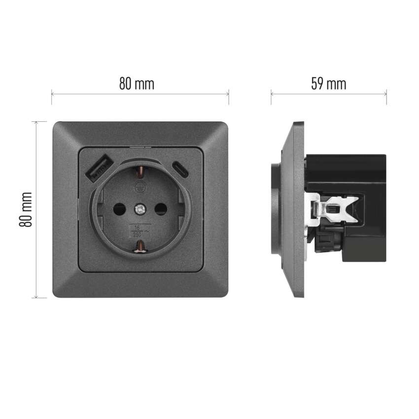 Lizdas su USB-A+C 2,1 A maks., antracito spalvos