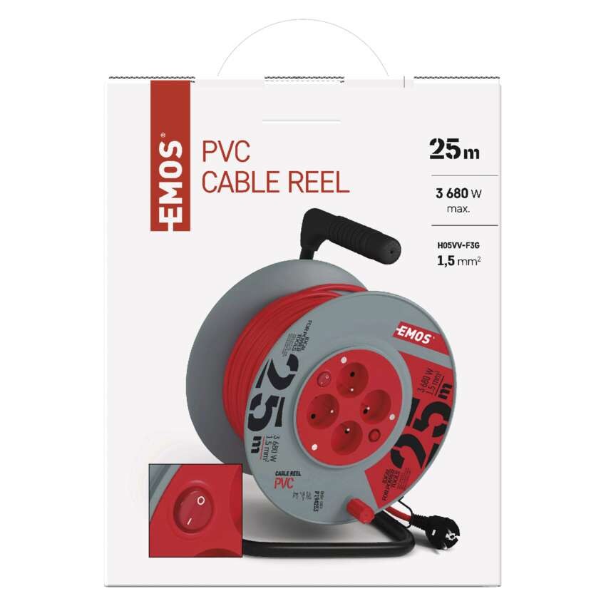 Predlžovací kábel na bubne 25 m / 4 zásuvky / s vypínačom / červený / PVC / 230V / 1,5 mm2