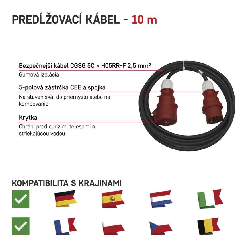 3 fázový vonkajší predlžovací kábel 10 m / 1 zásuvka / čierny / guma / 400 V / 2,5 mm2