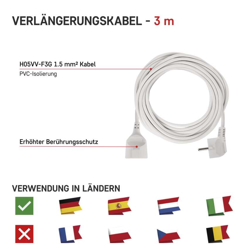 Verlängerungskabel 3 m / 1 Steckdose / weiß / PVC / 1,5 mm2