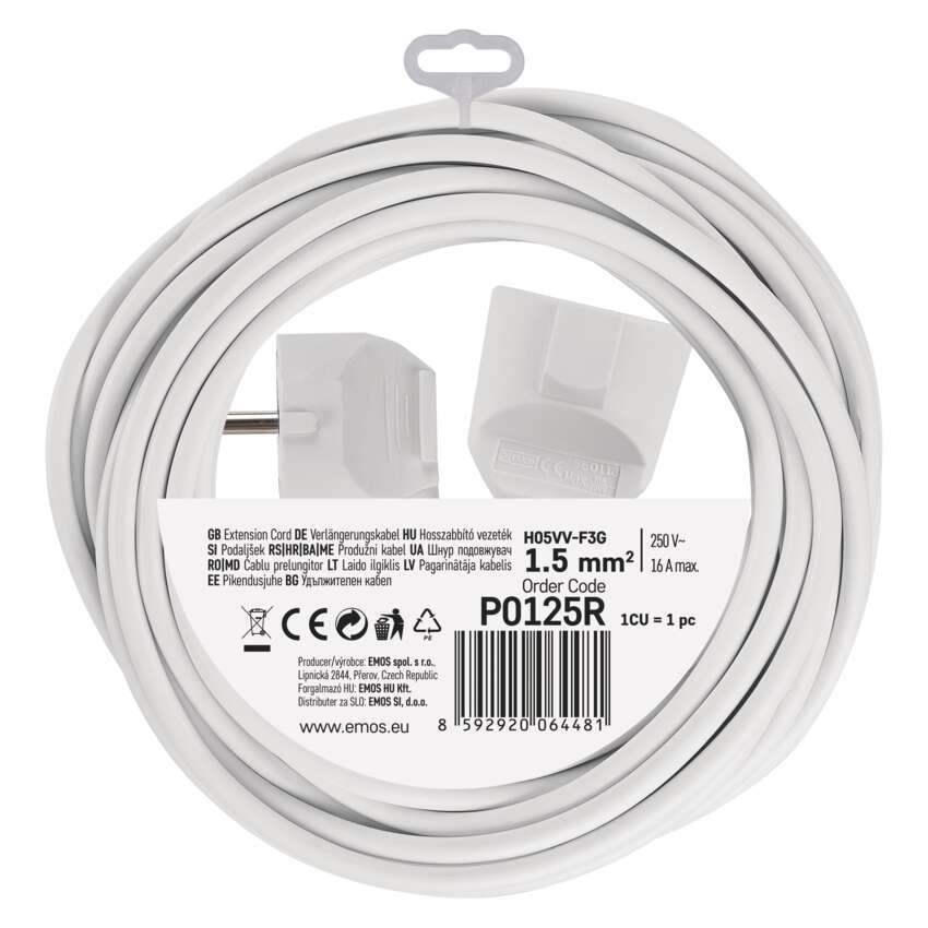 Ilgintuvas 5 m / 1 lizdas / baltas / PVC / 1,5 mm2 