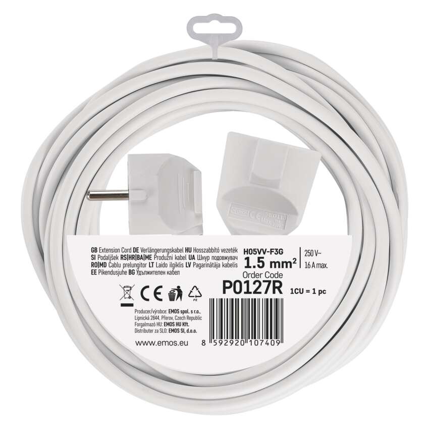 Ilgintuvas 7 m / 1 lizdas / baltas / PVC / 1,5 mm2 