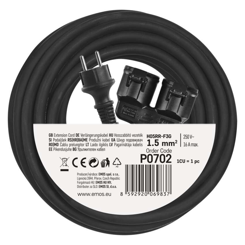 Verlängerungskabel 15 m / 2 Steckdosen / schwarz / Gummi / 250 V / 1,5 mm2
