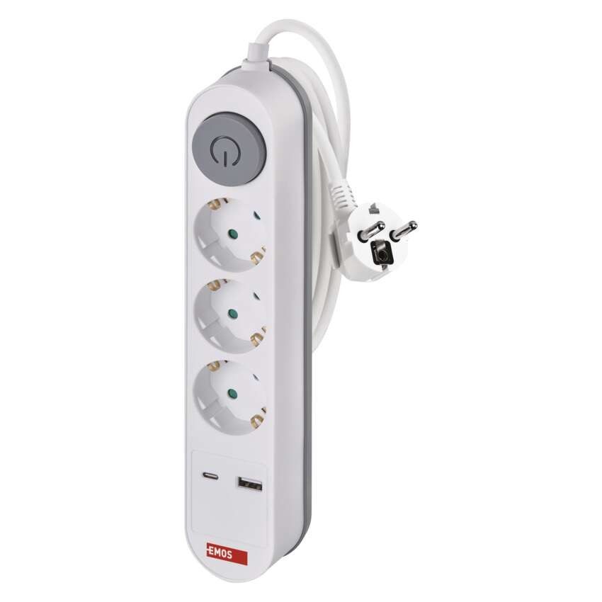 Podaljšek 2 m / 3 vtičnice / s stikalom / beli / 1× USB-A + 1× USB-C / 1,5 mm2