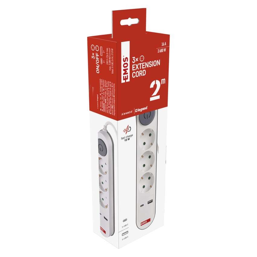 Podaljšek 2 m / 3 vtičnice / s stikalom / beli / 1× USB-A + 1× USB-C / 1,5 mm2