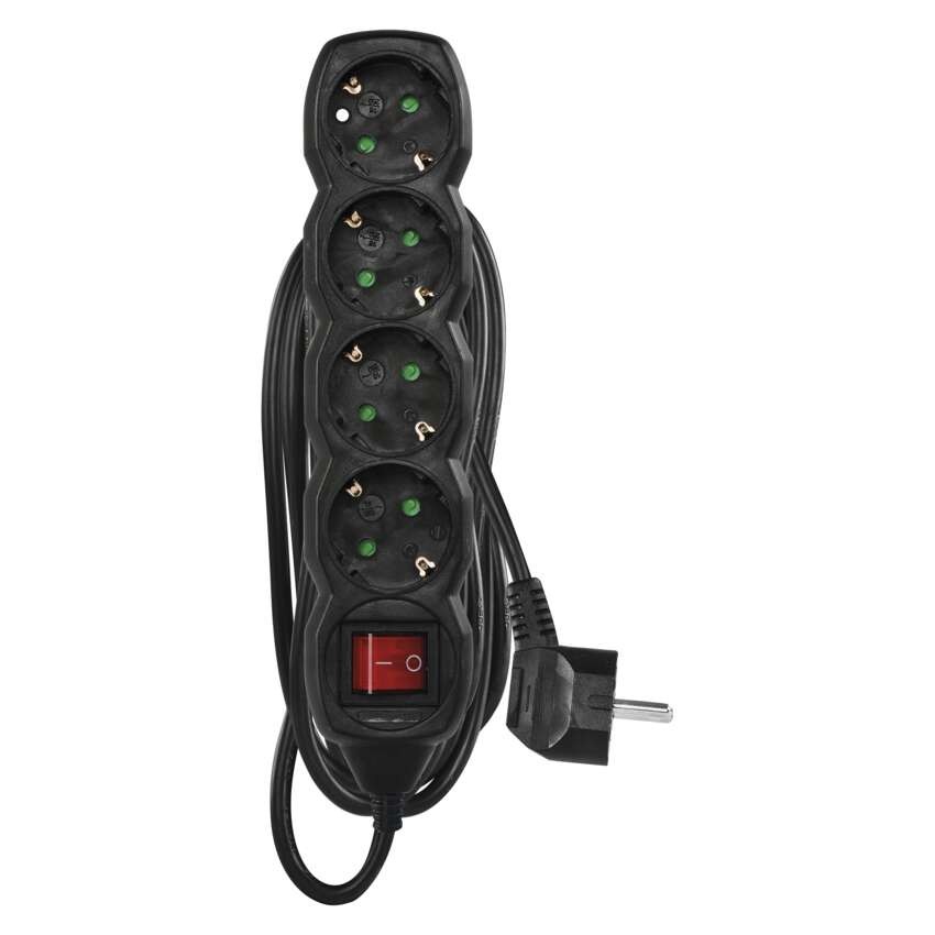 Pagarinātājs, 5 m / 4 kontaktligzdas / ar slēdzi / melns / PVH / 1,5 mm2