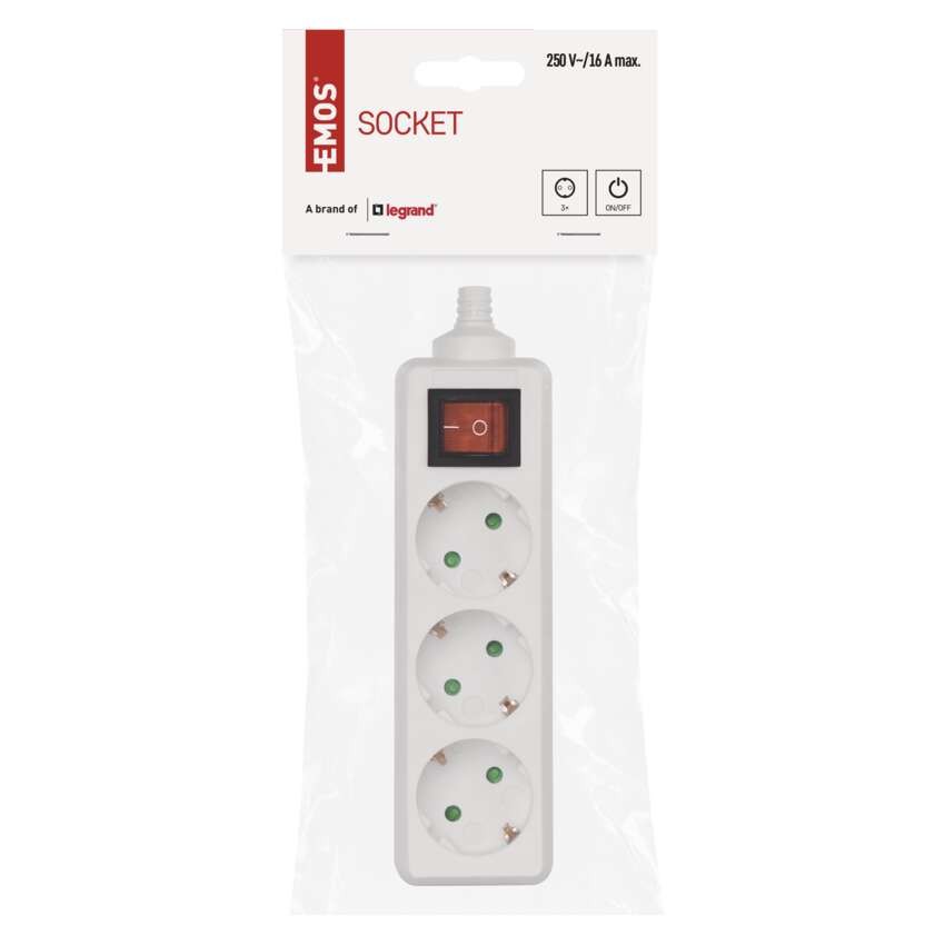 Steckdosenleiste ohne Kabel, 3 Steckdosen, Schalter SCHUKO