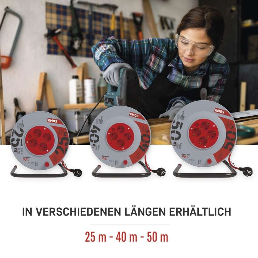 PVC Kabeltrommel – 4 Steckdosen, 25m, 1,5mm2 SCHUKO
