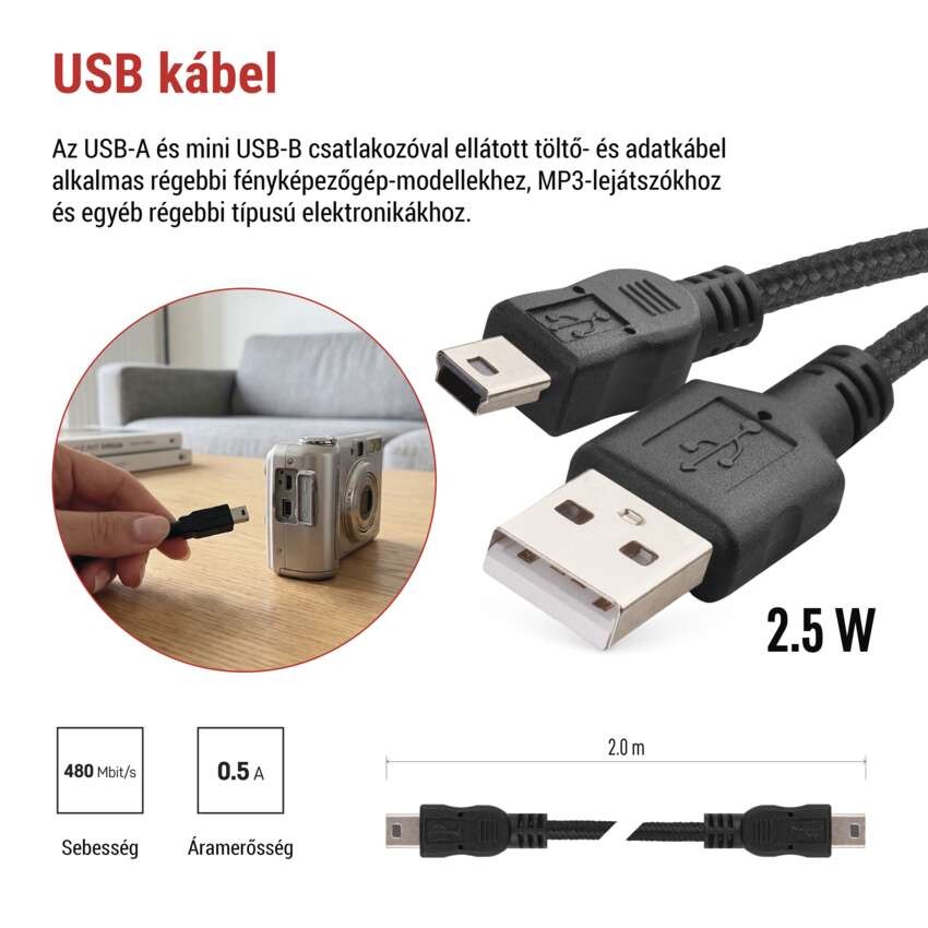 Töltő- és adatkábel USB-A 2.0 / micro USB-B 2.0, 2 m, fekete