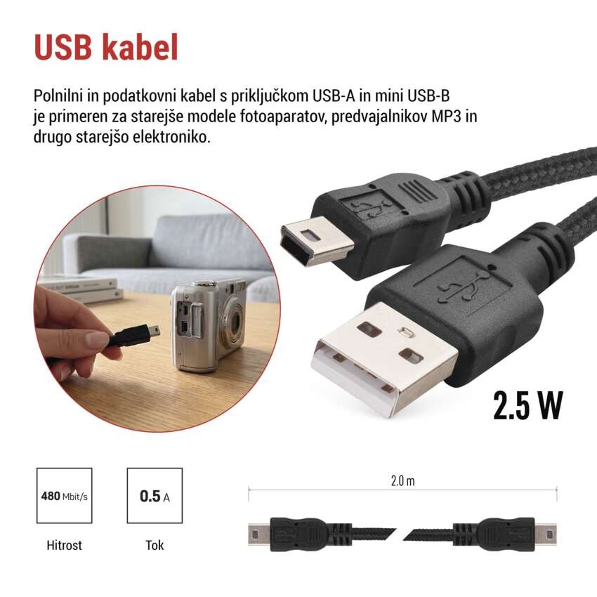 Kabel USB-A / mini USB-B, 2.0, polnjenje, podatki, 2 m, črna