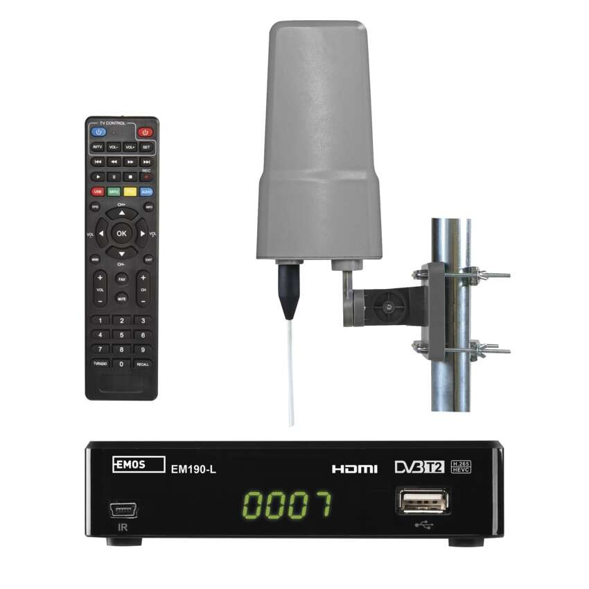 Zestaw dekoder DVB T2 + antena zewnętrzna EM-VO6
