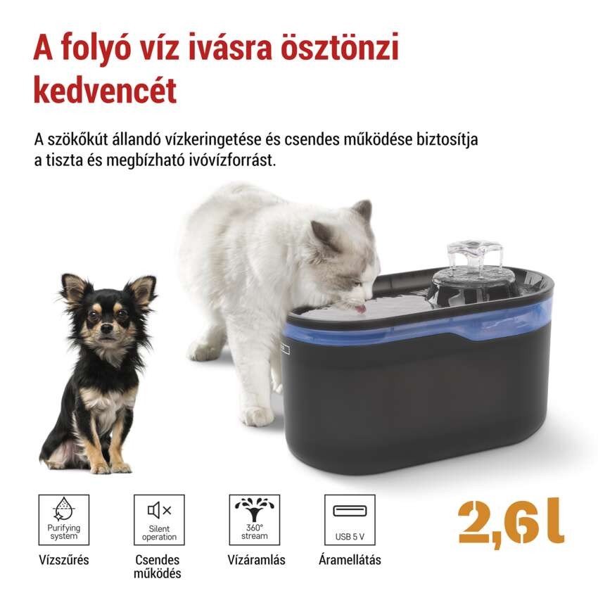 Pet Care háziállat itató, 2,6 l, szürke