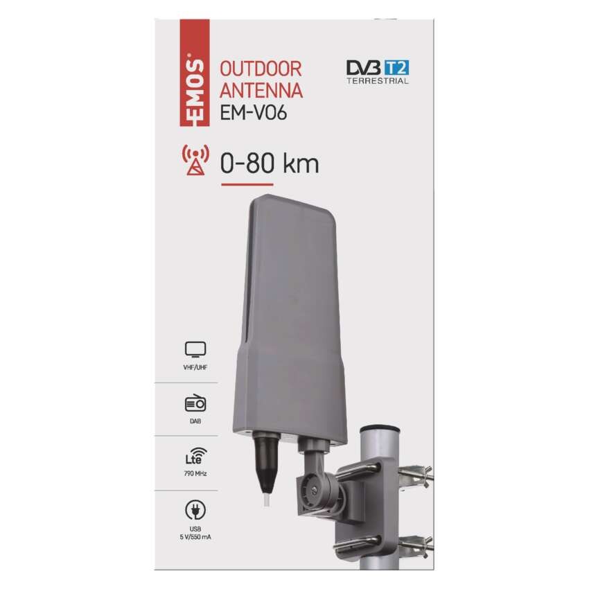 Kültéri antenna EM-VO6, 0–80 km, DVB-T2, DAB, LTE/4G szűrő