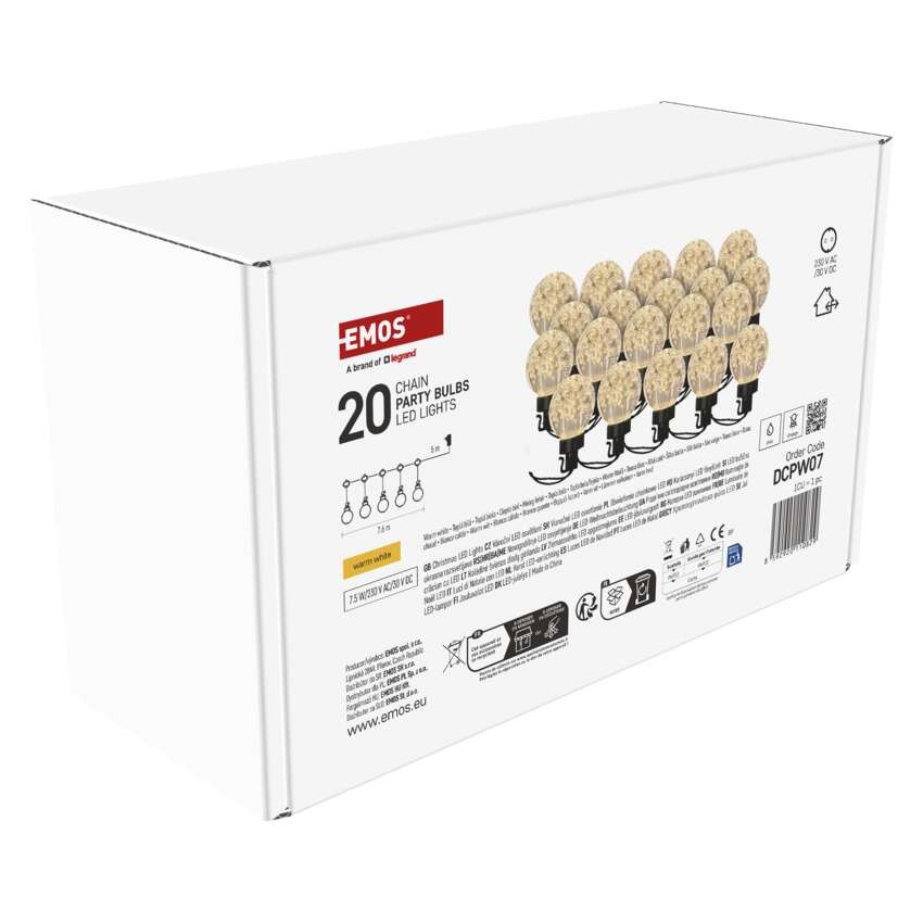Łańcuch Party 20x 20 LED, przeźroczyste, 7,6m, ciepła biel, IP44