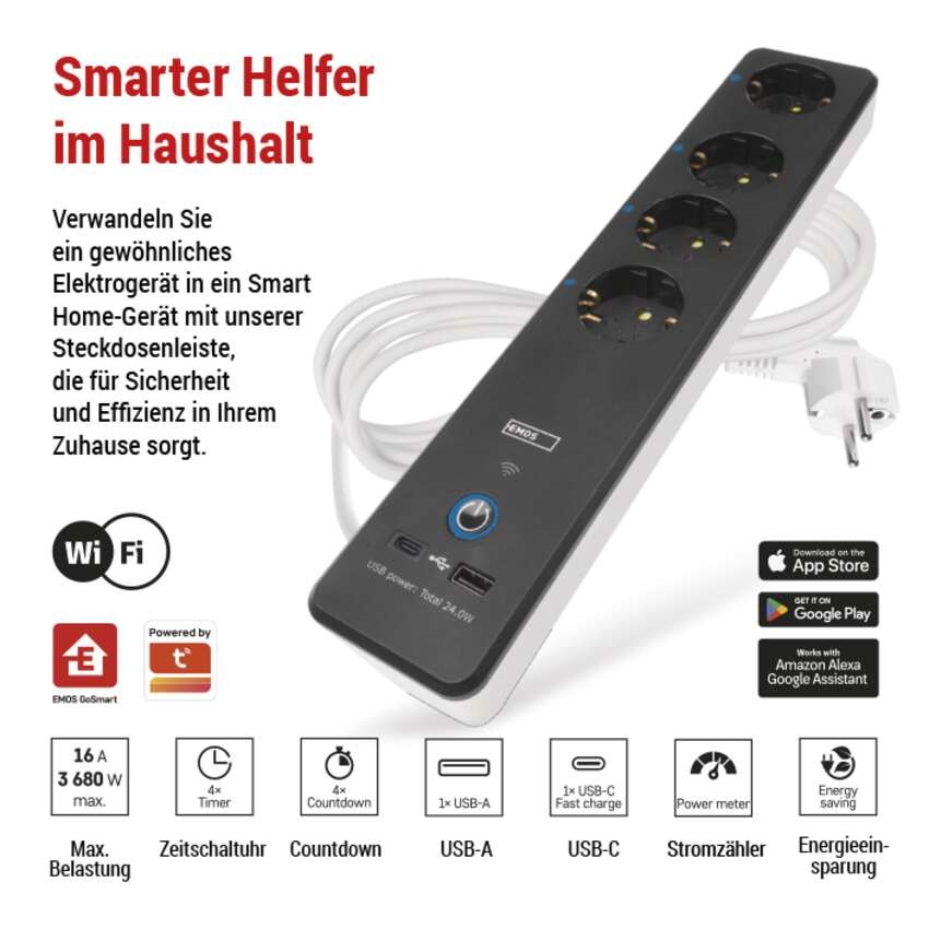 GoSmart Steckdosenleiste + Schalter - 2 m, 4 Steckdosen, USB, weiss-schwarz, PVC, 1,5 mm2