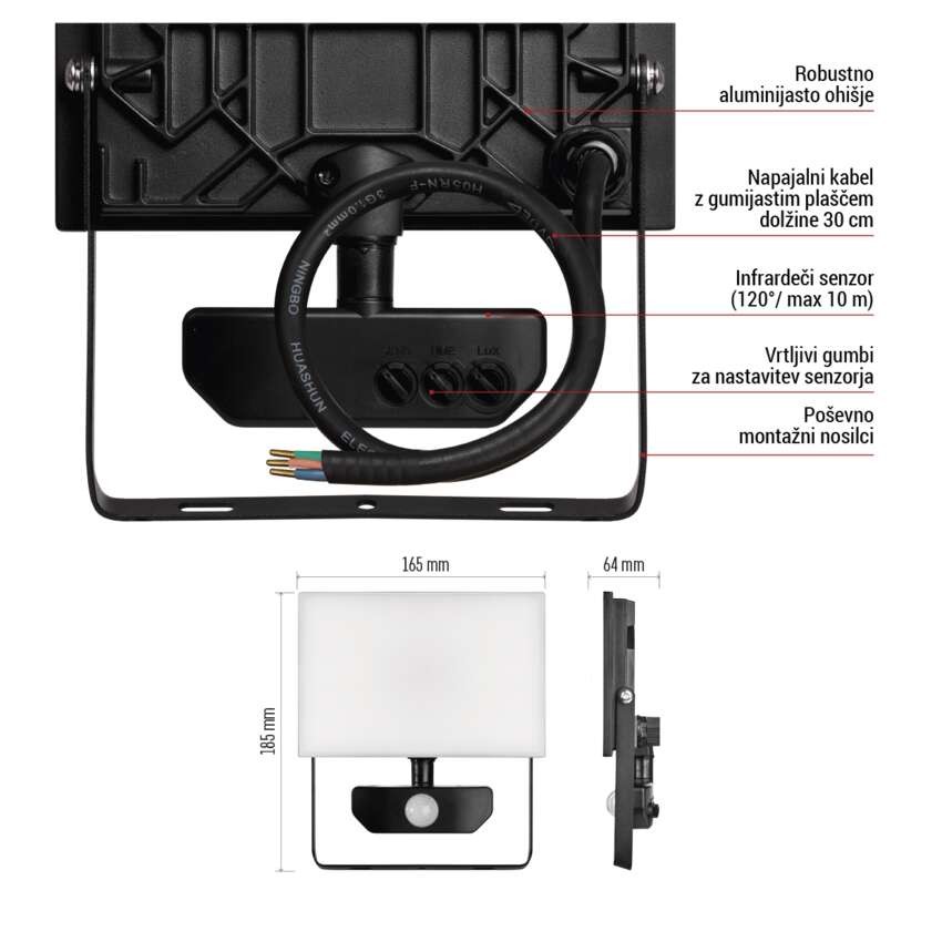 LED reflektor TAMBO s senzorjem gibanja, 30 W, 3000 lm, črn