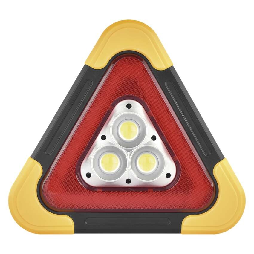 LED výstražný trojuholník, dobíjateľný, COB LED + červená LED