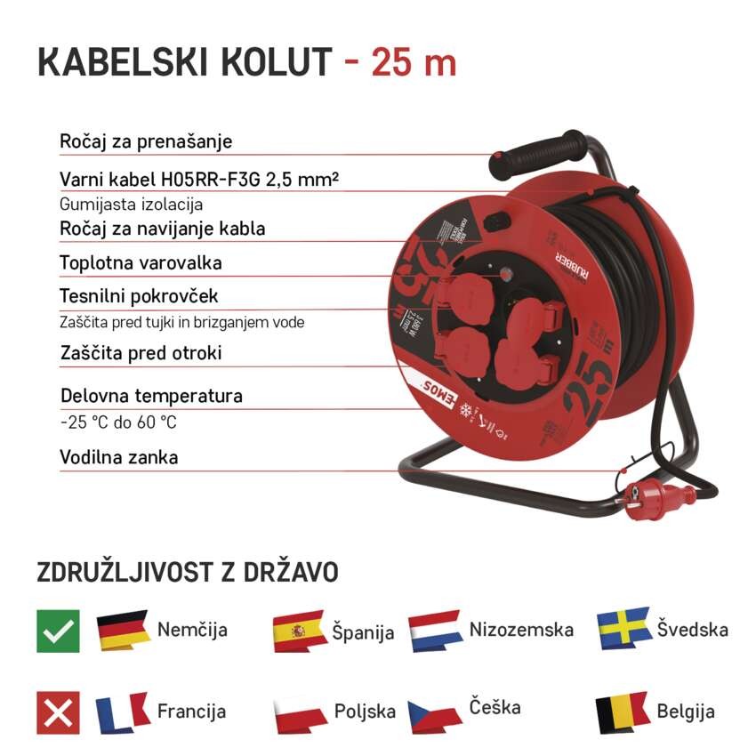 Zunanji kolutni podaljšek 25 m / 4 vtičnice / črni / guma / 230 V / 2,5 mm2