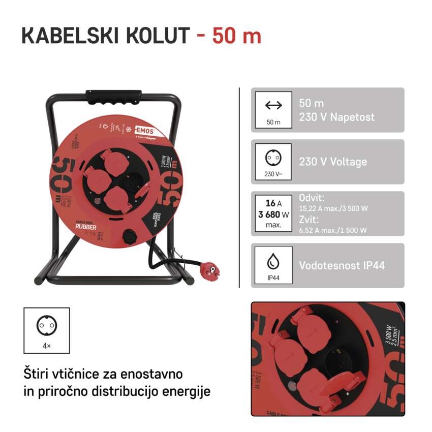 Zunanji kolutni podaljšek 50 m / 4 vtičnice / črni / guma / 230 V / 2,5 mm2