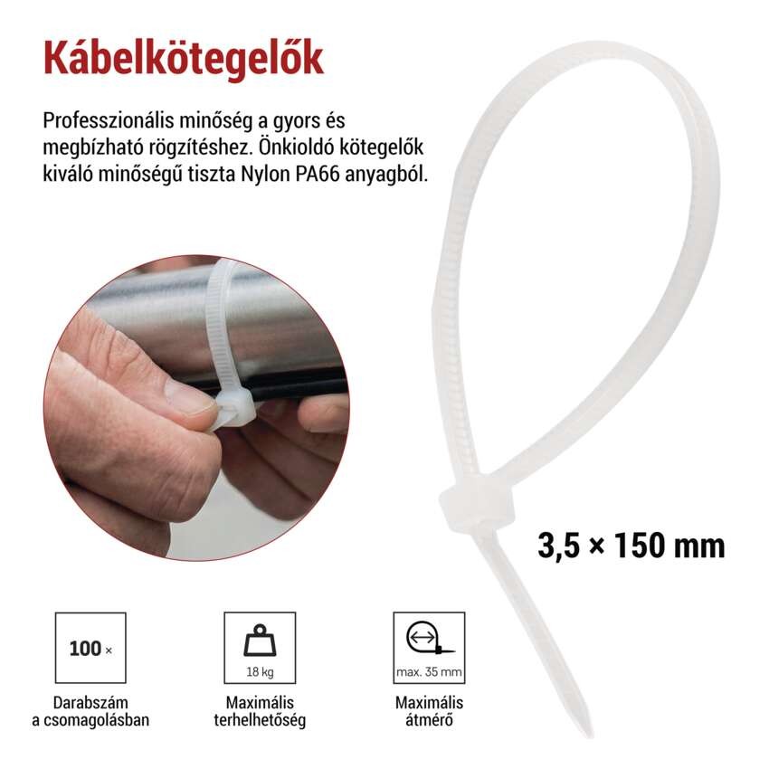 Kábelkötöző 150×3,5, fehér, 100 szt