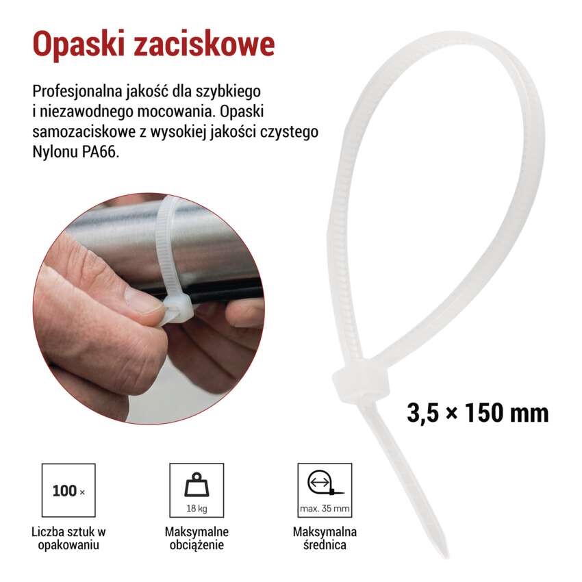 Opaska kablowa 150×3,5, biała, 100 szt