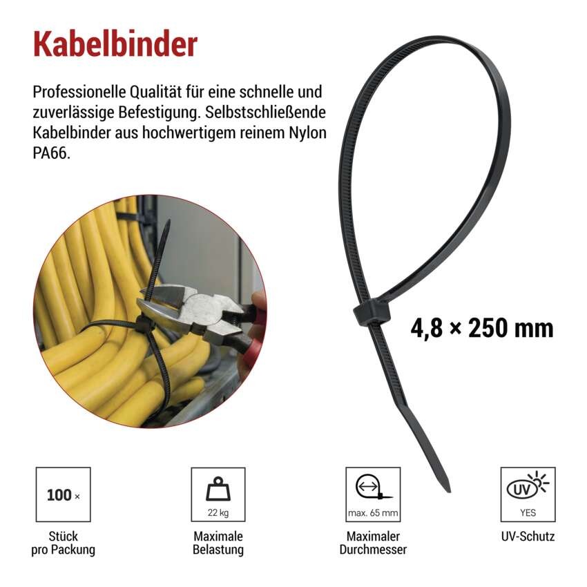 Kabelbinder 250×4,8, schwarz, 100 Stk