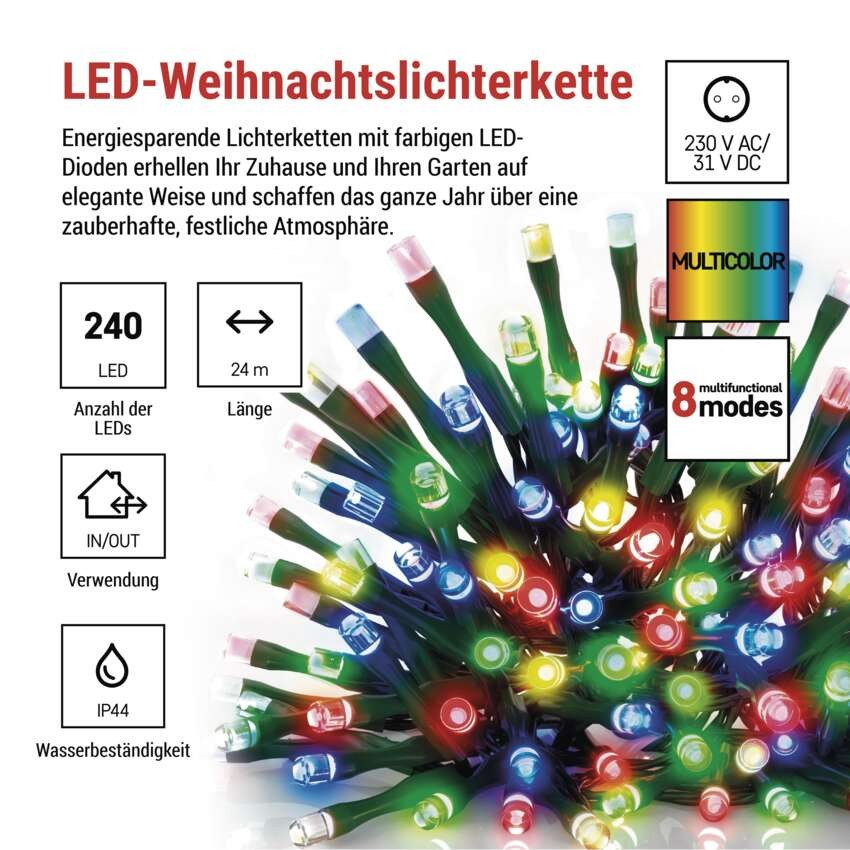 LED Weihnachtliche Lichterkette, 24 m, Außen/Innen, Multicolor, Programme,  Timer
