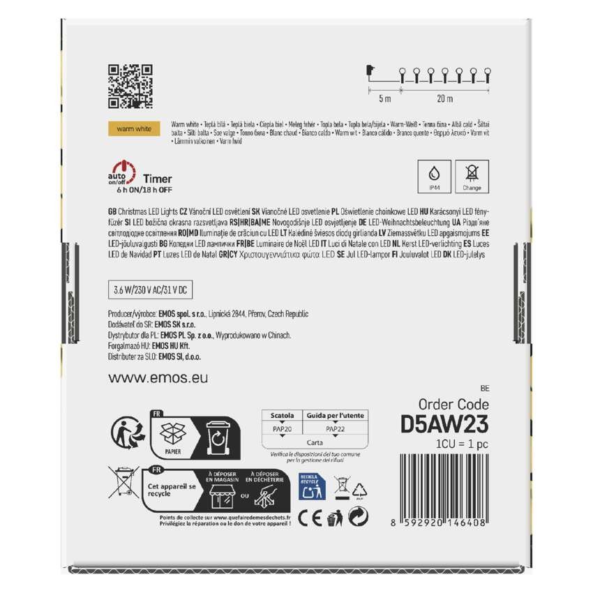 LED vianočná cherry reťaz – guličky, 20 m, vonk. aj vnútor.,teplá biela, programy, časovač