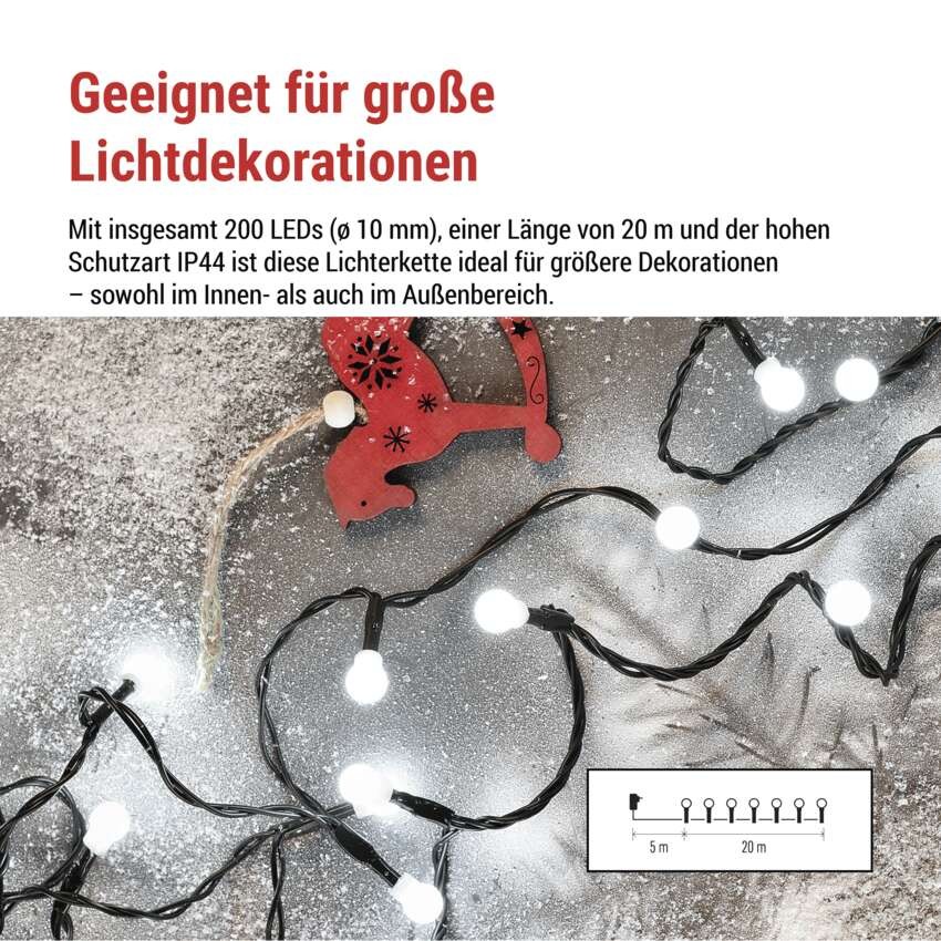 LED Weihnachtslichterkette Cherry – Kugeln, 20 m, Außen und Innen,kaltweiß,Programme,Timer