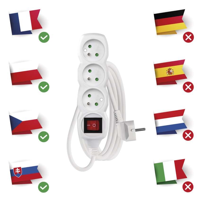 Przedłużacz 3 m / 3 gniazda / z wyłącznikiem / biały / PVC / 1,5 mm2