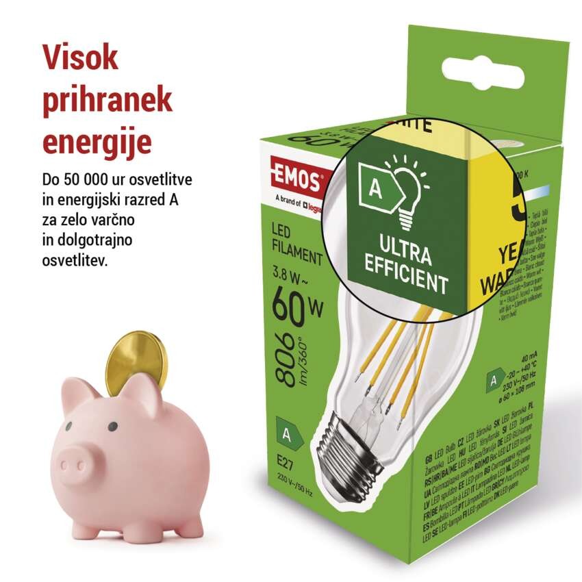 LED žarnica Filament A60 A CLASS/ E27 / 3,8 W (60 W) / 806 lm / toplo bela