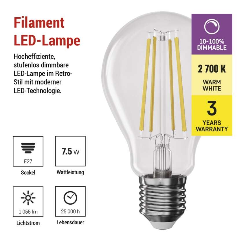 LED Lampe Filament A60 / E27 / 7,5 W (75 W) / 1 055 lm / Warmweiß / dimmbar